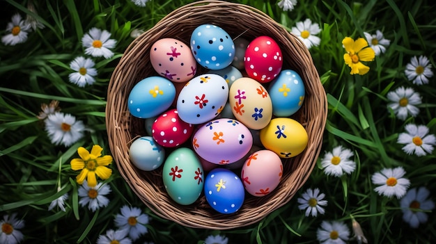 Farbige Osterquallen-Eier im Nest und Tulpen auf beige Stein-Hintergrund mit flachen Frühlings-Kompositionen