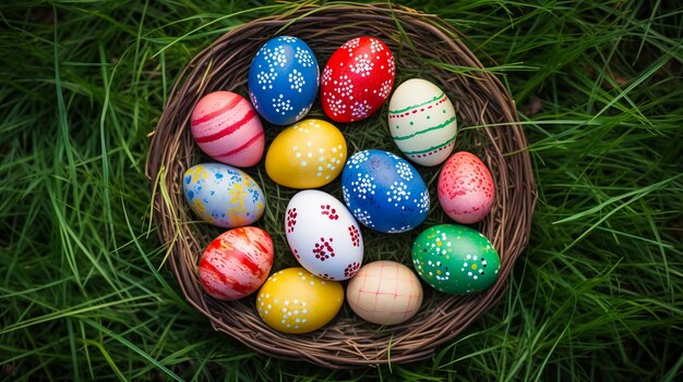Farbige Osterquallen-Eier im Nest und Tulpen auf beige Stein-Hintergrund mit flachen Frühlings-Kompositionen