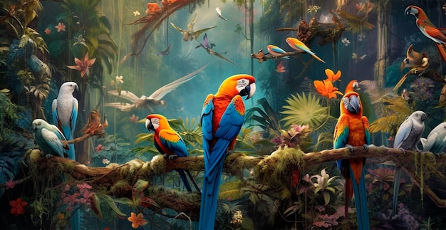 Farbige Papageien im tropischen Hintergrund. KI-generiertes Bild