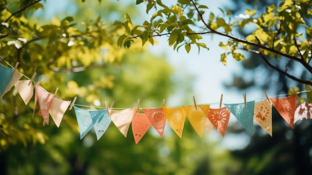 Farbige Papierflaggen hängen an einer Wäscheleine in einem üppig grünen Garten