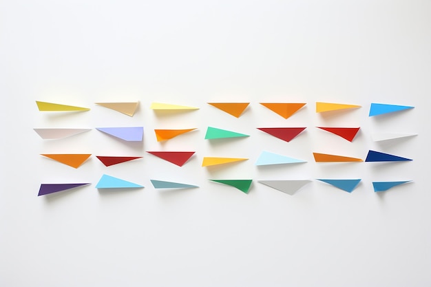 Foto farbige papierflugzeuge, die in einer formation auf einem weißen hintergrund angeordnet sind