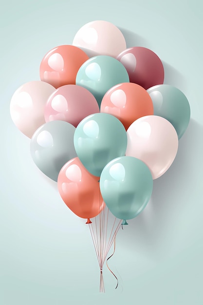 Farbige Pastellballons an einem Seil auf weißem Hintergrund Generative KI
