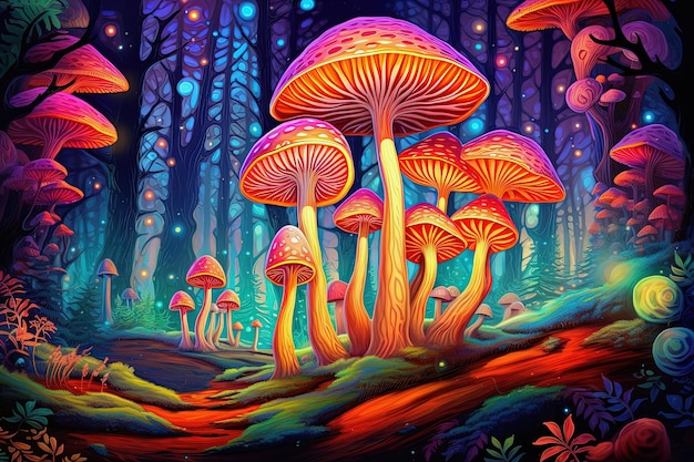 Farbige Pilze im psychedelischen Wald Leuchtende dmt-Pilze Myzelium-Mikroorganismus im Wunderland