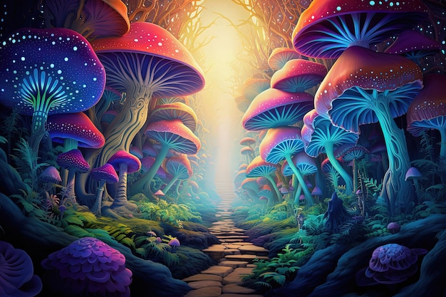 Farbige Pilze im psychedelischen Wald Leuchtende Neon-DMT-Pilze