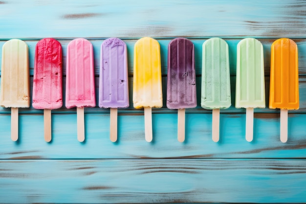 Foto farbige popsicle auf blauem holzgrund selektiver fokus farbiges popsicle-eis auf türkisfarbenem holzgrund ki generiert