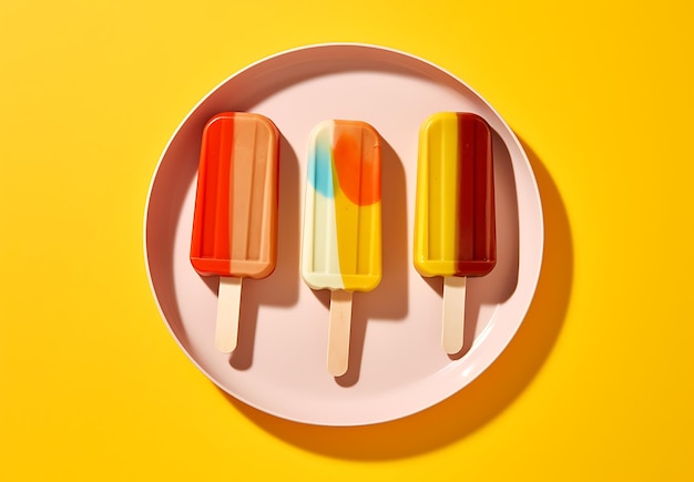 Foto farbige popsicles auf rosa teller auf gelbem hintergrund ai generiert