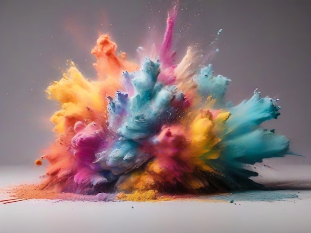 Farbige Pulverexplosion auf weißem Hintergrund Abstrakte Nahaufnahme Staub auf dem Hintergrund Farbige Explosion