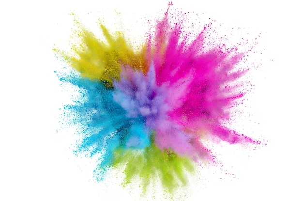 Farbige Pulverexplosion auf weißem Hintergrund. Abstrakter Nahaufnahmestaub auf Hintergrund. Bunte explodieren. Holi Paint malen