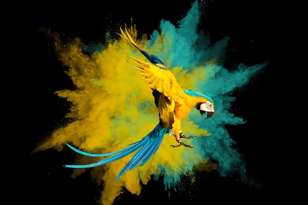 Farbige Pulverexplosion mit Ara-Papagei, die isoliert auf schwarzem Hintergrund fliegt.