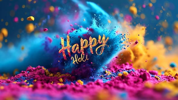 Farbige Pulverexplosion mit Happy Holi Text