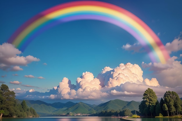 Foto farbige regenbogen-wandpapier regenhimmel schöner regenbogan-hintergrund wald wiese blumen