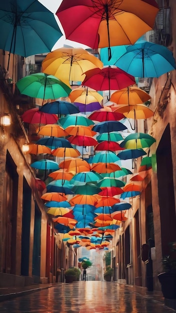 Farbige Regenschirme hängen über der Stadtstraße