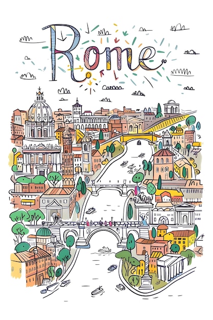 Farbige Reisekarte im Sketchnote-Stil, die die wichtigsten Sehenswürdigkeiten der historischen Stadt Rom zeigt