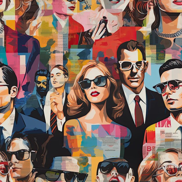 Foto farbige retro-menschen collage-stil nahtloses muster menschenmenge abstrakte kunst-hintergrund