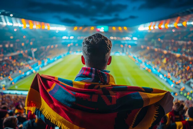 Farbige Schals und Jubel Fußballfans unterstützen das Team beim Abend-Stadionsspiel