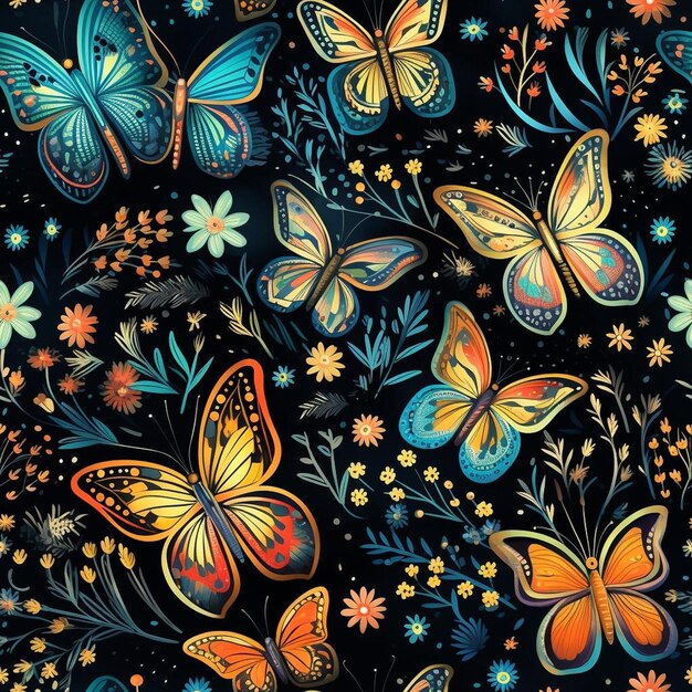 Farbige Schmetterlinge auf schwarzem Hintergrund.