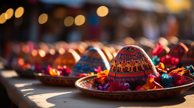 Farbige Sombreros und Maracas zum Verkauf auf einer Tapete