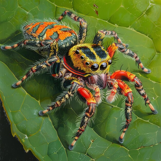 Farbige springende Spinne auf einem grünen Blatt Ai generative
