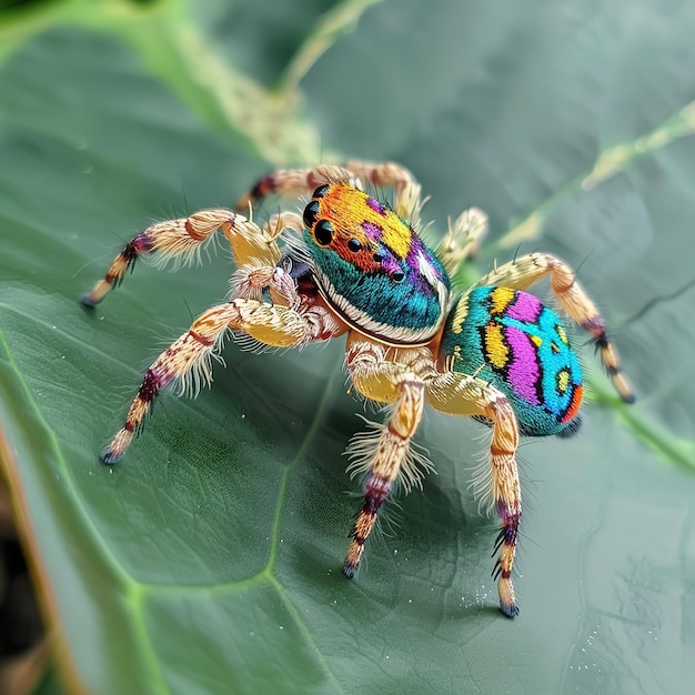 Farbige springende Spinne auf einem grünen Blatt Ai generative