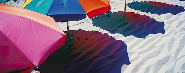 Farbige Strandschirme Lebendige Unterkunft entlang der sonnengekühlten Küste