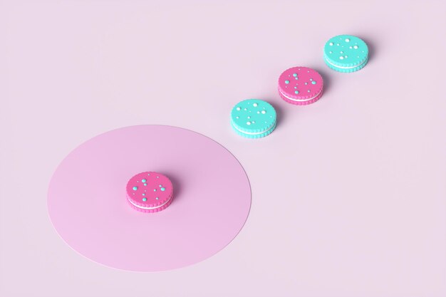 Farbige süße Kekse auf rosa Hintergrund. 3D-Rendering-Abbildung.