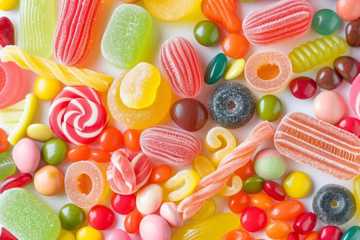 Foto farbige süßigkeiten für lebendige produktfotografien auf weißer oberfläche