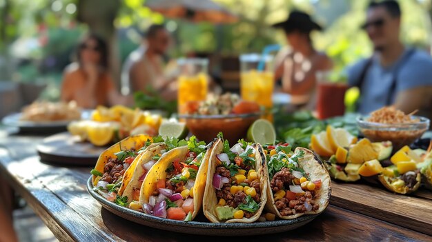 Foto farbige tacos auf einem rustikalen tisch mit verschwommenen leuten, die mexikanisches essen im freien genießen