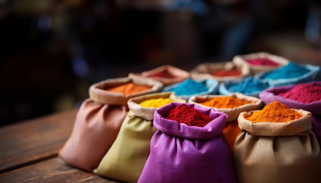 Farbige Taschen gefüllt mit rotem, gelbem, grünem und blauem Gewürzpulver. Nahaufnahmen von Holi-Pulver, lebendige Farben, festliche Atmosphäre.