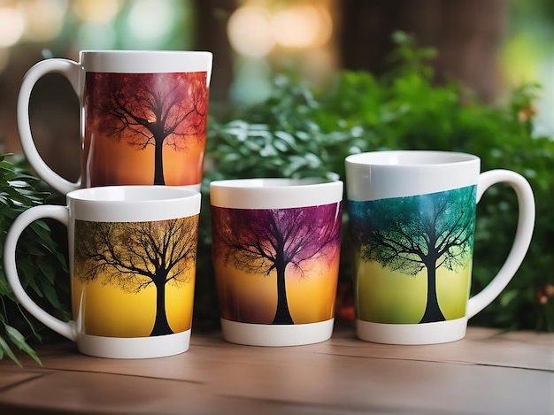 Farbige Tassen mit Bäumen, von denen einer einen farbigen Kreis hat
