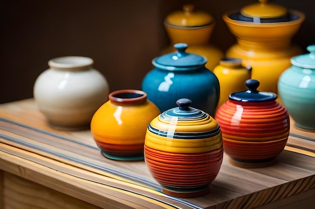 Farbige Töpferwaren auf einem Holzregal mit einer großen Anzahl verschiedener Farben.