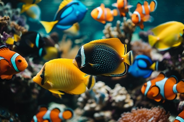 Farbige tropische Fische in einem dekorativen Teich