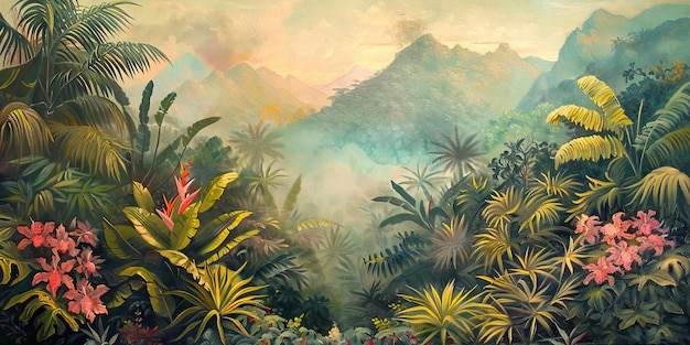 Farbige tropische Regenwaldpalmenblätter und andere Pflanzen Aloha-Textilkollektion Tropischer Wald mit dichter Vegetation von Bäumen, Sträuchern und Reben KI-generierte Illustration
