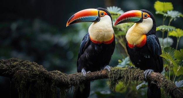 Farbige Tukanen sitzen auf einem moosigen Zweig im Dschungel