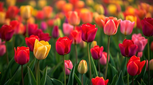 Farbige Tulpen wachsen und blühen in unmittelbarer Nähe zueinander