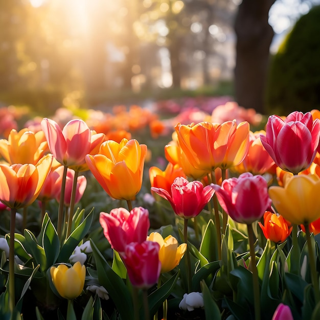 Farbige Tulpenblumen blühen im Garten Frühlingsnatur im Hintergrund