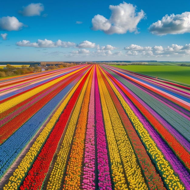 Farbige Tulpenfelder im dänischen Frühling Lebendige Blumen unter blauem Himmel