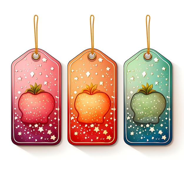Foto farbige und bezaubernde fruchtladen-tagkarten holographische folien-tag-karten sta-skizze in aquarell-stil