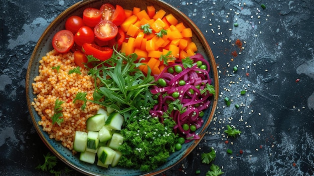 Farbige vegetarische Schüssel auf dunkler Oberfläche