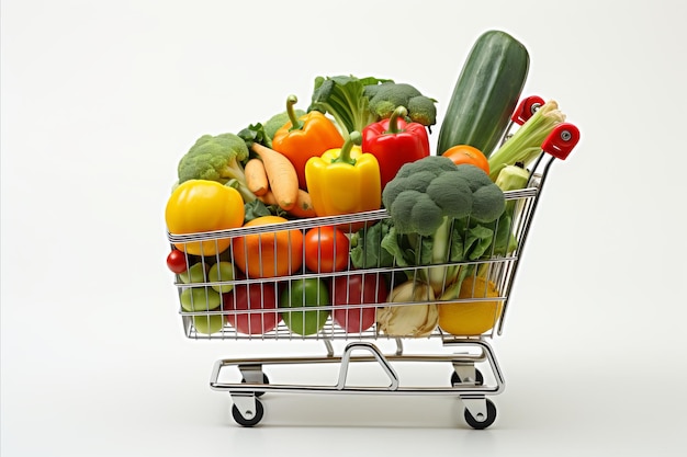 Farbige Vielfalt an frischem Obst und Gemüse in einem voll ausgestatteten Einkaufswagen im Supermarkt