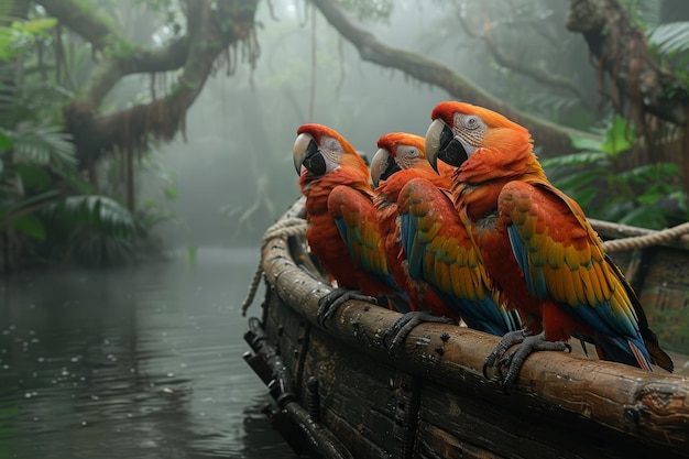 Farbige Vögel sitzen auf einem Holzboot