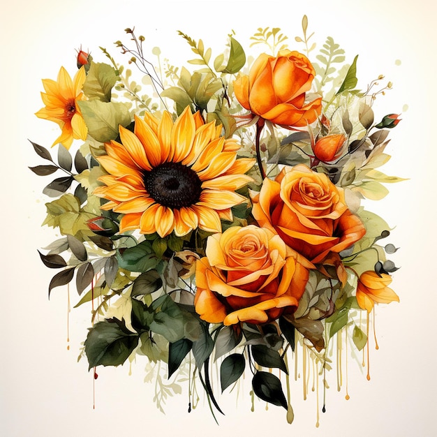 farbige Wasserillustration Sonnenblumen und gelbe Rosen