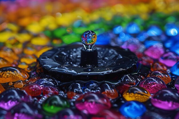 Farbige Wassertropfen auf einem schwarzen Sprinkler mit lebendigem Hintergrund
