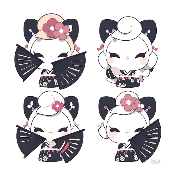 Foto farbige weibliche panda chibi kawaii chinesische mode-konzept schwarze und niedliche charakterkollektion