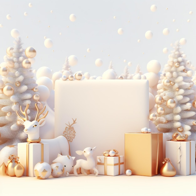 Farbige Weihnachtsdekorationen umrahmen ein leeres Zentrum auf einem schneebedeckten Hintergrund