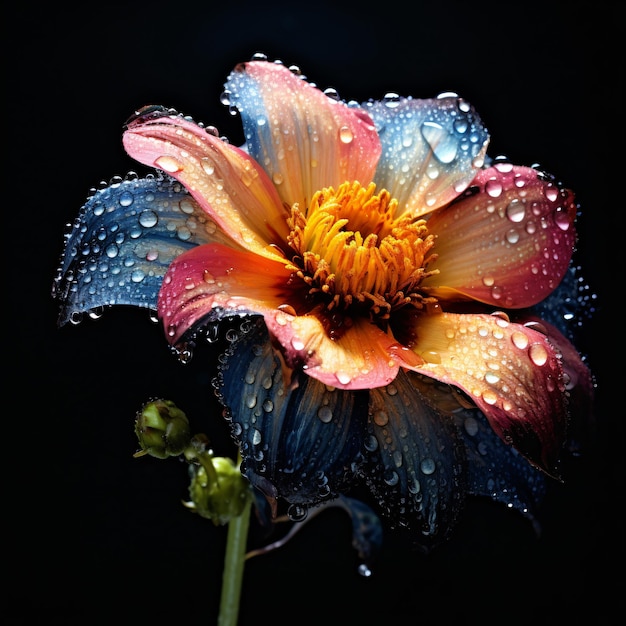 Foto farbige, wunderschöne blume, die mit wassertropfen besprengt ist