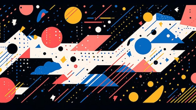Farbiger abstrakter Hintergrund mit geometrischen Formen, Linien, Kreisen, Punkten, Memphis-Stil