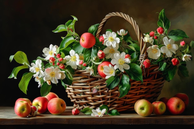 Farbiger Apfel mit Blumen im Korb Erzeugen Sie Ai