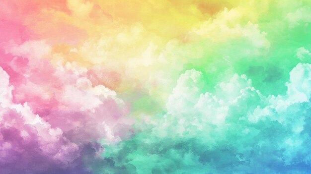 Farbiger Aquarell-Hintergrund eines abstrakten Sonnenuntergangs mit aufgeblähten Wolken und einem hellen RegenbogenGenerative Ai