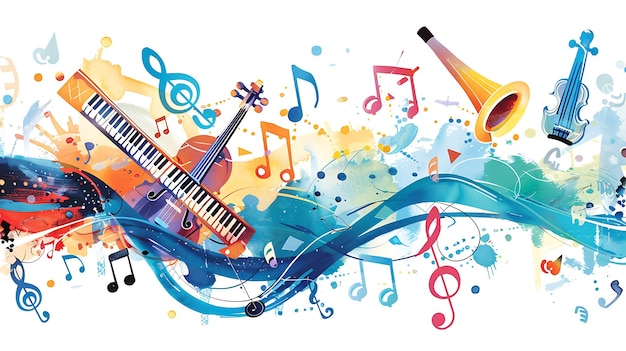 Farbiger Aquarell-Hintergrund mit Musiknoten, Hochschlüssel, Violine, Trompete und Klavier Ideal für Musikfestivals, Konzerte und andere Veranstaltungen