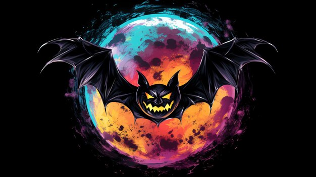 Farbiger, beängstigender Halloween-Mond und Fledermaus